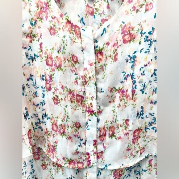 NY COLLECTION White Floral Button Front Ruffle Blouse  Romantic Top | Size Small - Picture 4 of 8